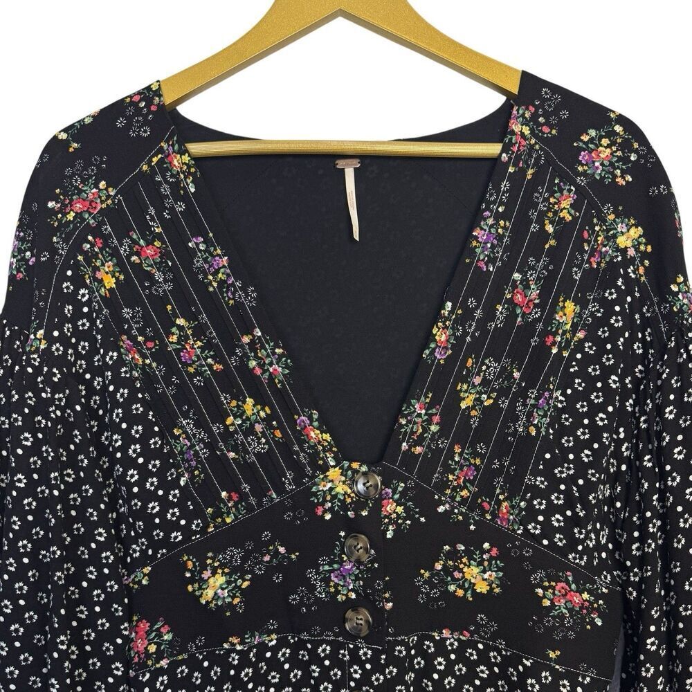 Free People Wonderland Floral Button Up Tunic Dress Size M Black Boho Cottage - Picture 6 of 10
